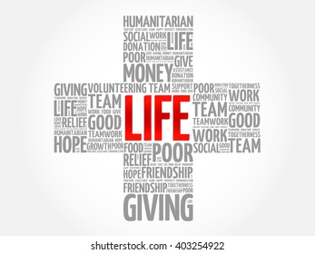 LIFE word cloud collage, cross concept