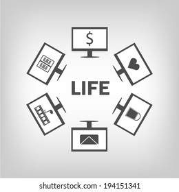 Life word with computers around. Everyday life with computer and internet