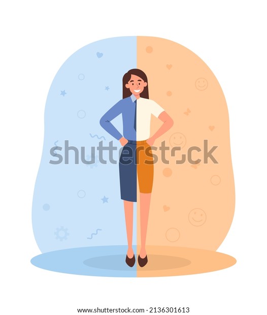 Life and work balance concept. Female\
entrepreneur in office suit on left and in yoga and fitness\
tracksuit on right. Two components of life. Business and routine.\
Cartoon flat vector\
illustration
