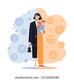 Life And Work Balance. Girl With Child And Briefcase In Her Hands. Successful Character In All Areas. Entrepreneur And Housewife. Caring Mother And Serious Boss. Cartoon Flat Vector Illustration