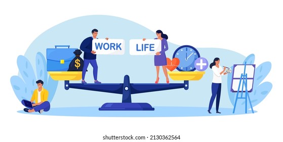Life and work balance on scales. People keep harmony choose between career and money versus health and time, leisure or business. Comparison stress and healthy life, family, love versus job
