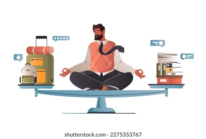 La vida y el equilibrio laboral a escalas. Los hombres de negocios mantienen la armonía, eligen entre el trabajo y el descanso, el dinero de carrera versus el viaje, el ocio. Comparación de estrés y vida sana, familia y trabajo. Ilustración del vector