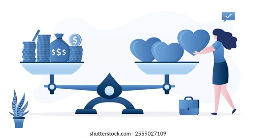 Life and work balance on scales. Smart woman keep harmony choose between career and money versus health and time. Comparison stress and healthy life, family, love versus job. flat vector illustration