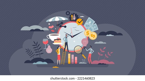 Life and work balance for personal and business harmony tiny person concept. Happiness and financial earnings choice vector illustration. Recreation, leisure and work stress management. Money vs love.