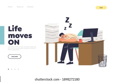 Life and work concept of landing page with tired worker sleeping at office desk. Male manager exhausted and overworked. Professional burnout and stress at work. Flat cartoon vector illustration