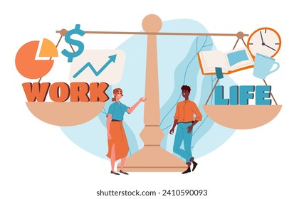 Life and work concept. Man and woman with scales and weights. Balanced lifestyle. Choice between money and time. Poster or banner. Cartoon flat vector illustration isolated on white background