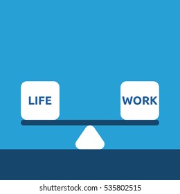 Life And Work Cubes In Equilibrium On Simple Scales On Blue Background. Balance, Harmony And Time Management Concept. EPS 8 Vector Illustration, No Transparency