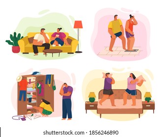 Life of young couple, collection of illustrations, happy woman, man eating popcorn relaxing at sofa, girl standing at scales, guy jokes at girlfriend, I have nothing to wear, fighting pillows at bed