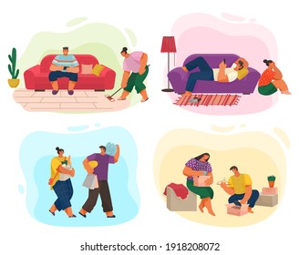 Life of a young couple, set of scenes from everyday household chores, shopping at the store, cleaning the house and rest. People activity, daily routine vector illustration on a white background