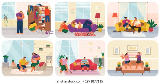 Life of young couple, set of scenes from everyday household chores, prepare for move and fold their clothes, cleaning house and rest, quarrel and play together. People activity, daily family routine