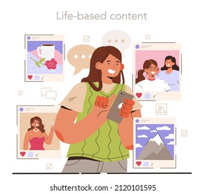 Life-based content. Content strategy development. Social media content manager guidance. How create visual content. Digital promotion technology. Flat vector illustration