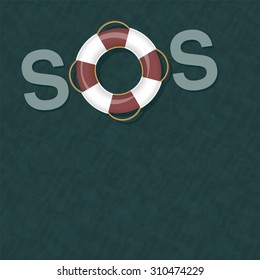 Lifebelt floating on ocean water forming the signal SOS. Vector illustration.