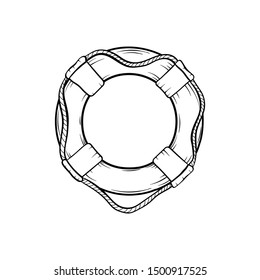 Lifebelt with ropes black ink illustration. Life saver, water rescue equipment sketched outline. Nautical tool, inflatable ring engraving. Swimming club logo. Poster, banner design element