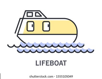 Lifeboat on water waves icon. Life raft, fully enclosed, inflatable rescue vessel for disaster emergencies. Ocean or sea travelling and safety themed linear vector illustration on white background.