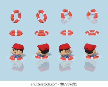 Lifebuoy. 3D lowpoly isometric vector illustration. The set of objects isolated against the light-blue background and shown from different sides