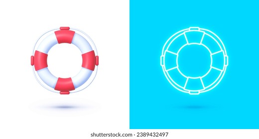 Lifebuoy 3d y Neon Style, un gran diseño para cualquier propósito. Rescate de vida, viaje de verano y concepto de viaje. Ilustración vectorial