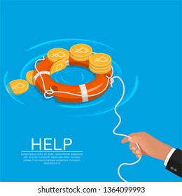 Lifebuoy for the aid to ruble. Business concept. Rescue of economy. Deduction of a course. Isometry.3D. A vector illustration in flat style.