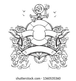 Lifebuoy with anchor and ribbon. Contour vector illustration isolated on a white background for tattoos, coloring and much more.