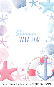 Lifebuoy, anchor, seashell and starfish vertical frame. Retro vector illustration. Light and soft pastel colors. Design for invitation, poster, card, flyer, banner. Place your text