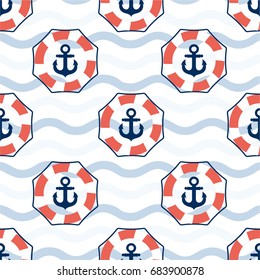 Lifebuoy and anchor. Vector illustration on the marine theme. Seamless background pattern with Lifebuoy and anchor.