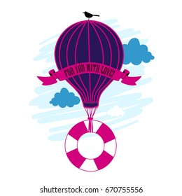 Lifebuoy with balloon print with clouds and bird isolated vector
