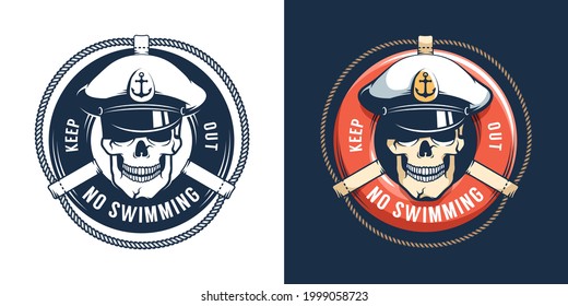 Lifebuoy and Captain Skull - no swimming logo. Pirate emblem with skull in captain cap. Vector illustration.