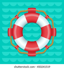 Lifebuoy Cartoon Style Color Vector Icon, Marine Safe Theme, Blue Or Turquoise Sea Waves Flat Style Background,  Life Preserver Sign, Red And White Color Ring Buoy Illustration, Summer Color Template