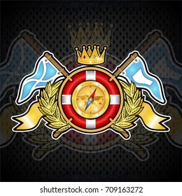 Lifebuoy with crown in center of golden wreath between wings and flags. Sport logo for any yachting or sailing team or championship