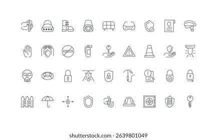 Lifebuoy and data backup, CCTV camera, mask thin black symbols vector illustration. Safety equipment and standards, alert message, secure shield and umbrella protect life line icon set.