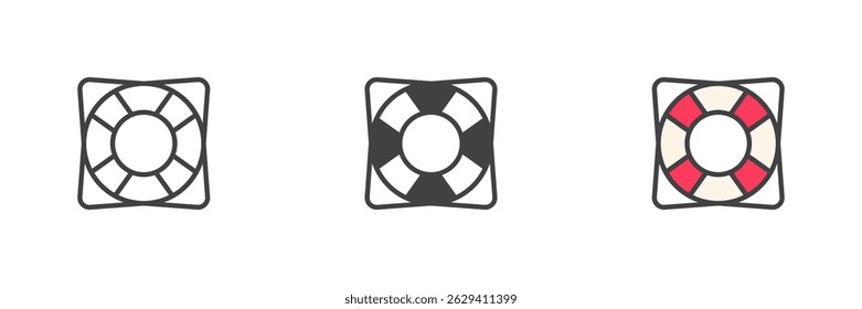 Lifebuoy different style icon set. Line, glyph and filled outline colorful version, outline and filled vector sign. Life preserver symbol, logo illustration. Vector graphics