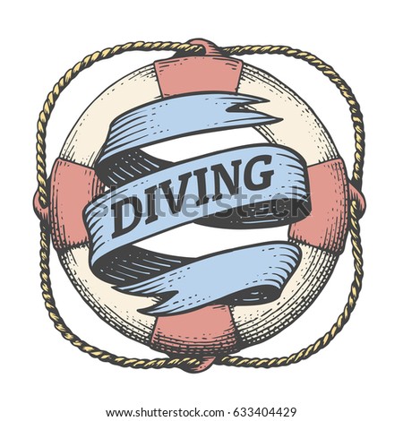 Lifebuoy with diving ribbon. Vector hand-drawn illustration.
