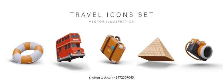 Lifebuoy, double decker bus, suitcase with tourist stickers, pyramid, camera