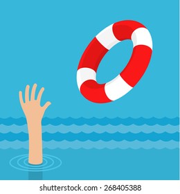 Lifebuoy for drowning man in sea or ocean water. Insurance concept. Flat design