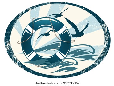 lifebuoy emblem with sea waves and seagulls - marine vector design