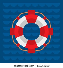 Lifebuoy Flat Color Vector Icon, Marine Safe Theme, Blue Sea Waves Flat Style Background,  Life Preserver Sign, Red And White Color Ring Buoy Illustration