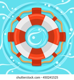 Lifebuoy Flat Color Vector Icon, Marine Safe Theme, Blue Sea Waves And Rings Flat Style Teaser Banner,  Life Preserver Sign, Red And White Color Ring Buoy Illustration On Blue Water Background