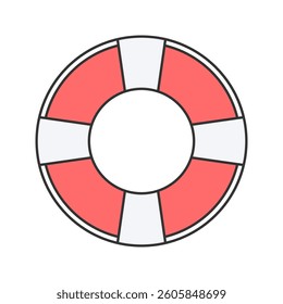 Lifebuoy Flat design style, red and white floating ring, representing water rescue and safety, great for emergency service illustrations, lifeguard graphics, and marine safety projects.