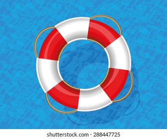 Lifebuoy floating on blue water. Vector illustration. 