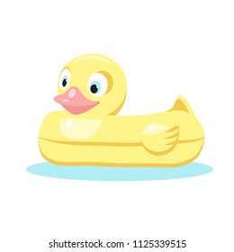 Lifebuoy in the form of a cute yellow duck on a white background. The duck smiles. Summer attributes. Vector illustration.