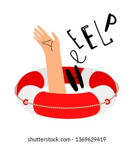 Lifebuoy and hand to call for help. Lifebuoy and help, emergency and rescue. Vector illustration