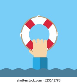 Lifebuoy with hand flat web icon.