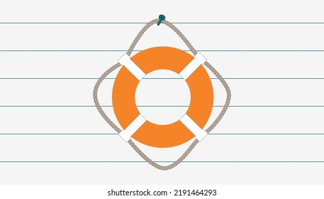 lifebuoy hanging on white wall, copy space, flat vector illustration