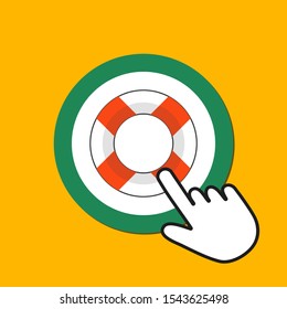 Lifebuoy icon. Emmergency help concept. Hand Mouse Cursor Clicks the Button. Pointer Push Press