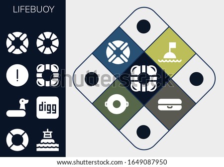lifebuoy icon set. 13 filled lifebuoy icons.  Simple modern icons such as: Lifesaver, Lifeguard, Buoy, Rubber ring, Digg, Advise, Lifebuoy, Float