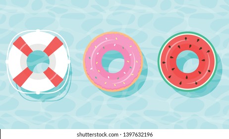 Lifebuoy icon set. Rings for swimming. Flat cartoon style. float rubber ring for children and adults, pool blue water, aqua textured background. Color swim rings icon set watermelon, donut, lifebuoy