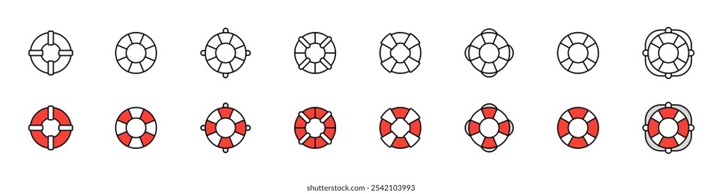 Ícones de boia de vida definidos. Coleção de símbolos de ajuda do Swim. Ícones de vetor de boia de vida