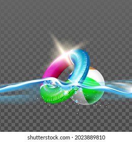 Lifebuoy And Inflatable Ball Float On Water Vector. Emergency Flotation Hoop And Playing Tool For Swimming In Water Pool Or Sea. Vacation Accessory Template Realistic 3d Illustration