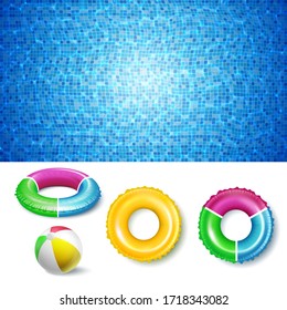 Lifebuoy And Inflatable Ball For Pool Set Vector. Collection Of Different Multicolored Emergency Flotation Hoop And Playing Tool For Swimming In Water Pool. Template Realistic 3d Illustrations