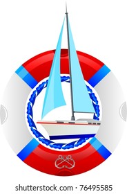 Lifebuoy. Inside the circle of the abstract image of waves and sailing yachts