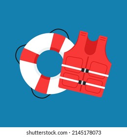 Lifebuoy and life Jacket cartoon vector. Vector flat style colored illustration of Lifebuoy and Life jacket on blue background.